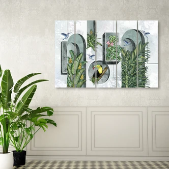 Leinwandbild 5 teilig, Formen in der Wand mit Pflanzen und Vögeln Toucan Koliber 