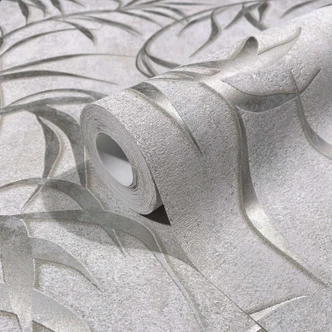 Non-woven tapet med blad i betonglook gråblommig 