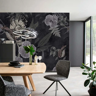 Fototapet blommor, blad blommig natur, modern i svart 