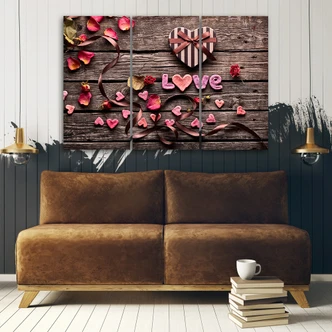 Tableau sur Toile en 3 parties Coeur Amour Fleurs Vintage 