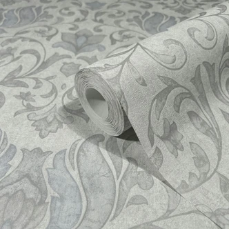 Papel pintado no tejido con flores, hojas ornamentales gris brillante, beige floral 