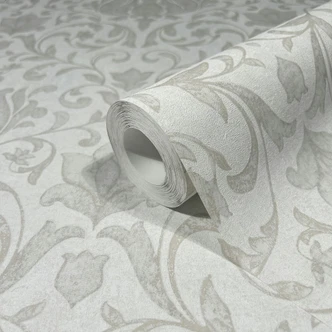 Papel pintado no tejido con flores, hojas ornamentales blanco brillante floral 