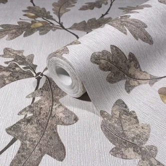 Papel pintado no tejido con motivo de hojas con castañas gris, marrón floral 