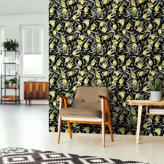 Ikke-vævet tapet citroner, blade blomstret natur mat i sort  