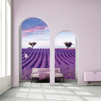 Wall Mural Landscape, Fields Graphic nature matt in purple for living room 2,70 x 2,12m 