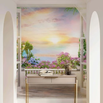 Wall Mural Sunset, Balcony Graphic nature matt in gray 2,70 x 2,12m 