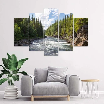 Tableau sur Toile en 5 parties Forêt Verte Rivière Nature 