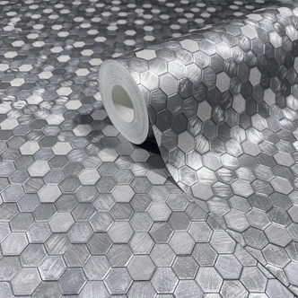 Vliestapete Sechskant, Metallisch Fliesenoptik Modern, Geometrisch glänzend in Silber - Papis Loveday Vliestapete Sechskant, Metallisch Fliesenoptik Modern, Geometrisch glänzend in Silber - Papis Loveday