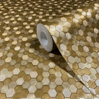Vliestapete Sechskant, Metallisch Fliesenoptik Modern, Geometrisch glänzend in Gold - Papis Loveday Vliestapete Sechskant, Metallisch Fliesenoptik Modern, Geometrisch glänzend in Gold - Papis Loveday