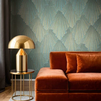 Carta da parati in tessuto non tessuto aspetto 3D, grafica a righe geometrica in verde  