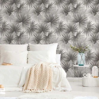 Fototapete Palmen Blätter Dschungel - Grau Weiß Vliestapete Wohnzimmer 