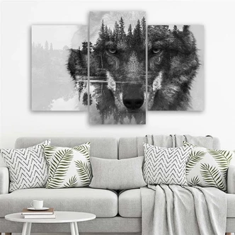 Leinwandbild 3-teilig, Wolf Wald Schwarz und Weiß 