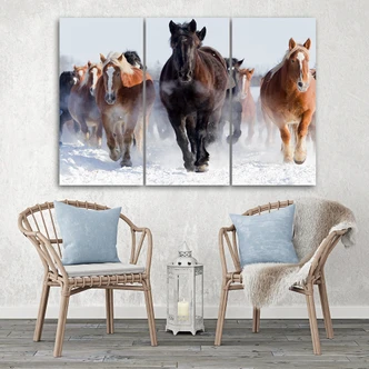 Leinwandbild 3-teilig, Quarter Horses Galloping Winter 