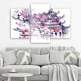 Leinwandbild 3-teilig, Pagode Kirschbaum Japan Gemalt 