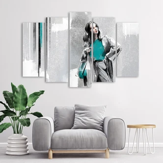 Leinwandbild 5 teilig, Eine Frau in einem Mantel 