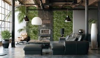 Vliesbehang in realistische steenlook met mosgroen, grijs steeneffect 