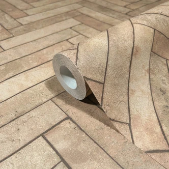 vliesbehang met visgraatmotief beige steeneffect 