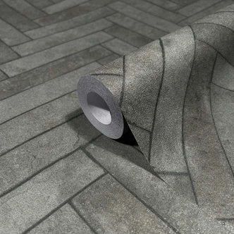 vliesbehang met visgraatmotief antraciet steeneffect 