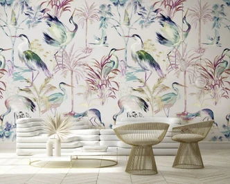Fototapete Motivtapete Kraniche und Tropische Pflanzen im Aquarell Look in Pastell 2,7 x 2,12 m 