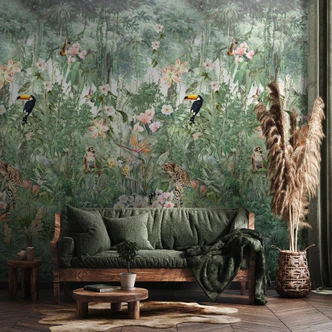 Fototapete Wandtapete mit Motiv Dschungel Tiere und Blumen mit Tukan Aquarell 2,7 x 1,59 m 