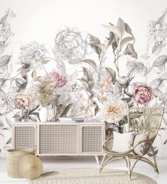 Fototapete Wandtapete mit Motiv Vintage Blumen Zeichnung in Grau Rosé 2,7 x 2,65 m 