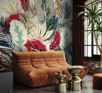 Fototapete Wandtapete mit Motiv Abstrakte Tropenblätter in Rot Blau Grün 2,7 x 2,65 m 