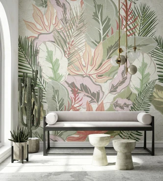 Fototapete Wandtapete mit Motiv Tropenblätter in Pastell Grün Rosé mit Struktur 2,7 x 2,65 m 
