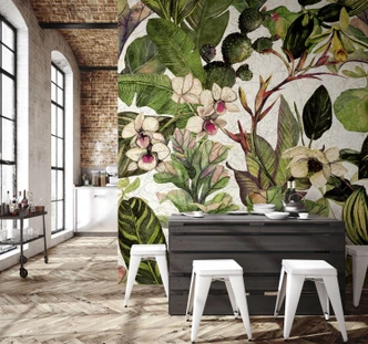 Fototapete Wandtapete mit Motiv Tropische Pflanzen mit Kakteen und Orchideen  2,7 x 2,65 m 