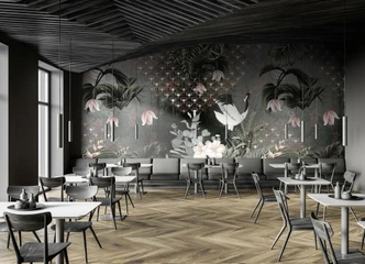 Fototapete Wandtapete mit Motiv Kranich mit Art Deco Fächer Muster und Blüten  2,7 x 2,12 m 