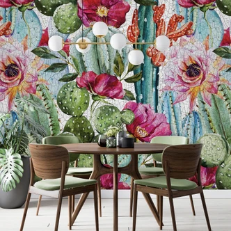 Fototapete Motivtapete Kaktus und Blüten Aquarell in Grün und Pink mit Mexiko Boho 2,7 x 2,12 m 