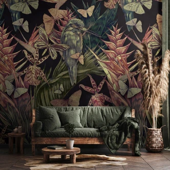 Fototapete Motivtapete Tropenvogel mit Schmetterlingen und Palmblättern auf Dunkel 2,7 x 2,12 m 