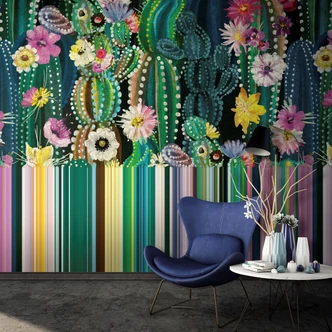 Fototapete Wandtapete mit Motiv Aquarell Kakteen mit Blumen und Punktmuster  2,7 x 2,65 m 