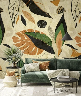 Fototapete Bildtapete Abstrakte Blätter in Terracotta Schwarz und Grün im Boho Stil 2,7 x 2,12 m 