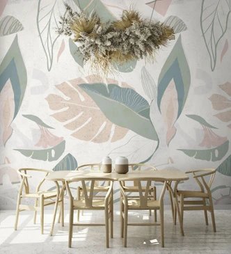 Fototapete Wandtapete mit Motiv Abstrakte Blätter in Salbei und Nude auf hellem Grau 2,7 x 2,12 m 