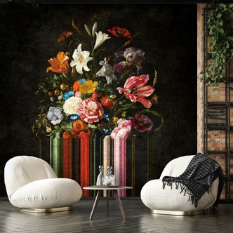 Fototapet Mörkt stilleben med blombukett i vintagelook 2,7 x 2,65 m 