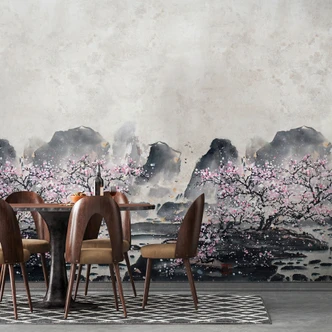 Fototapet Körsbärsblommor i dimman med berg i grå och mjuka rosa toner 2,7 x 2,12 m 