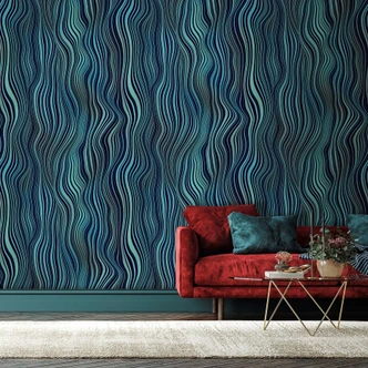 Fototapete Bildtapete Wellenlinien in Blau und Petrol mit grafischem Streifenmuster 2,7 x 2,12 m 