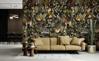 Fototapet med djungelcollage med djur och växter på svart bakgrund 2,7 x 2,12 m 