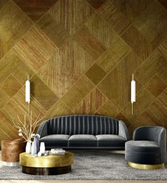 Fototapet Geometriskt randmönster i guld och oliv med textilstruktur 2,7 x 2,65 m 