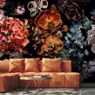 Fototapet Dark Floral Stilleben med orkideer, hortensiaer og pæoner 2,7 x 4,24 m 
