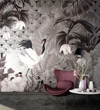 Fototapet med motiv av trana i gråtoner med art deco-mönster 2,7 x 4,24 m 
