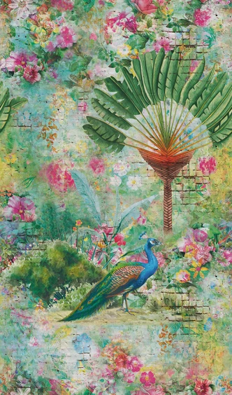 Fototapete mit Blumen und Pfau Grün, Rosa ,Steinoptik 2,70 x 1,59 m 