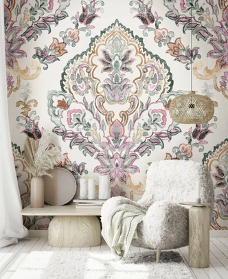 Fototapet med motiv boho ornament i pastell med blommig medaljong 3,4 x 2,65 m 