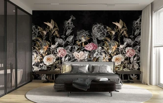 Fototapet Dark Botaniska vintageblommor på svart med rosé accenter 3,4 x 3,18 m 