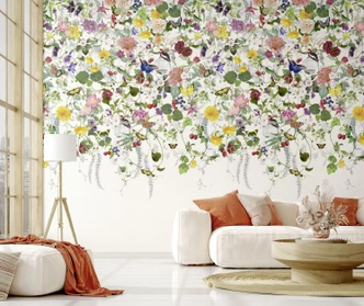 Fototapet med motiv Färgglad blomsteräng med fjärilar och fåglar 3,4 x 2,12 m 