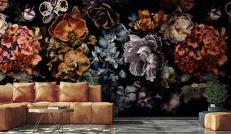 Fototapet med motiv Dark Floral med orkidéer, hortensior 3,4 x 2,65 m 