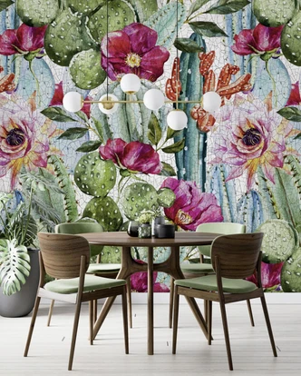 Fototapet med motiv av kaktusar och rosa blommor med fjäril 3,4 x 2,65 m Fototapet med motiv av kaktusar och rosa blommor med fjäril 3,4 x 2,65 m
