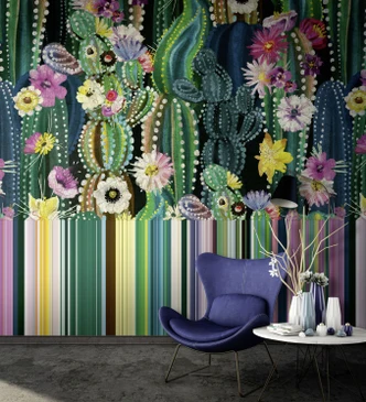 Fototapete Wandtapete mit Motiv Kaktusgarten mit bunten Blüten und Punktmuster in 3,4 x 3,18 m 