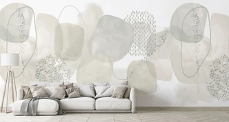 Fototapete Wandtapete mit Motiv Zarte Greige-Aquarellformen mit Salbei-Linien 3,4 x 2,65 m 