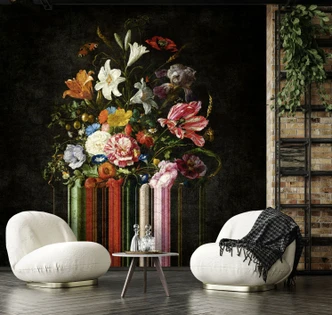 Fototapete Motivtapete Barockes Stillleben Blumenbouquet auf dunklem Hintergrund 3,4 x 3,18 m 